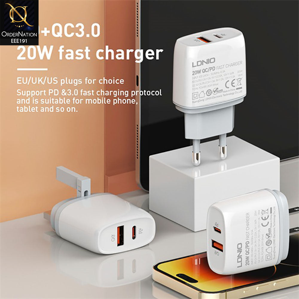 LDNIO Q229 20W Type-C And Type-A PD+QC3.0 Fast Charger - White
