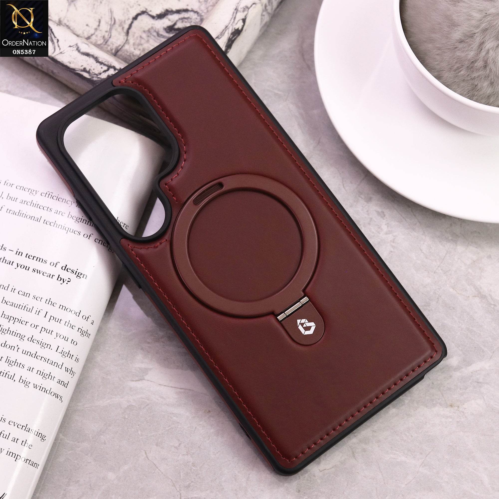 Samsung Galaxy S25 Ultra Cover - Maroon - Luxury Leather Case Supports Magsafe Wireless Charging, Kickstand Bracket Holder Soft Border Case