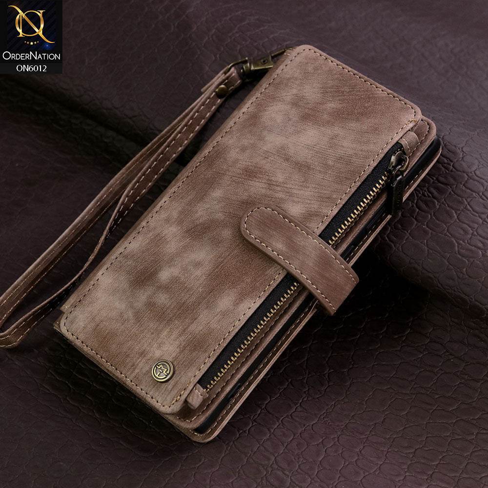 Samsung Galaxy S24 Ultra Cover - Coffee - CaseMe Premium Leather Zipper Wallet kickstand Case with Wrist Strap