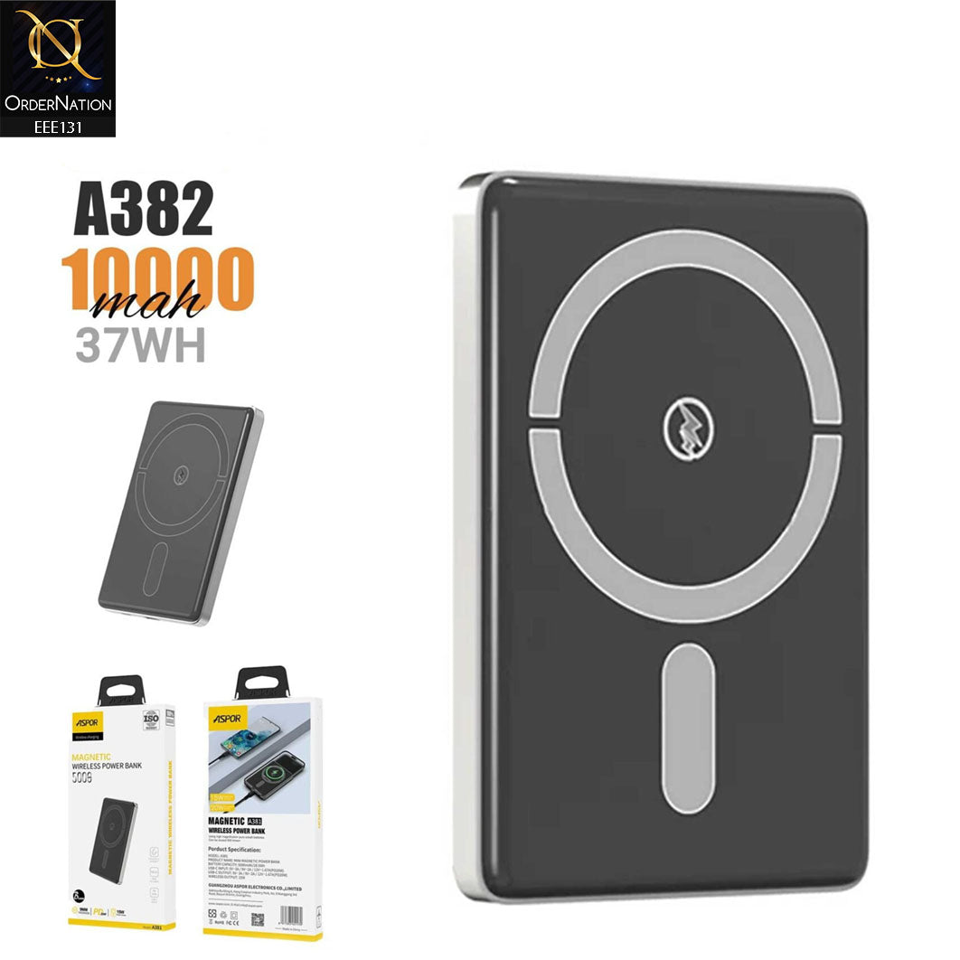 Aspor A382 Wireless Magnetic Portable Mini 10000mAh Power Bank - Black
