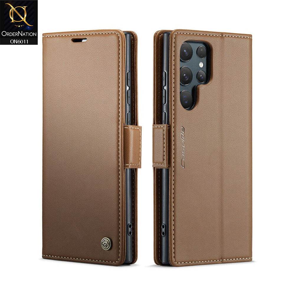 Samsung Galaxy S24 Ultra Cover - Brown - CaseMe Classic Leather Wallet RFID Blocking Magnetic Buckle Flip Book Case