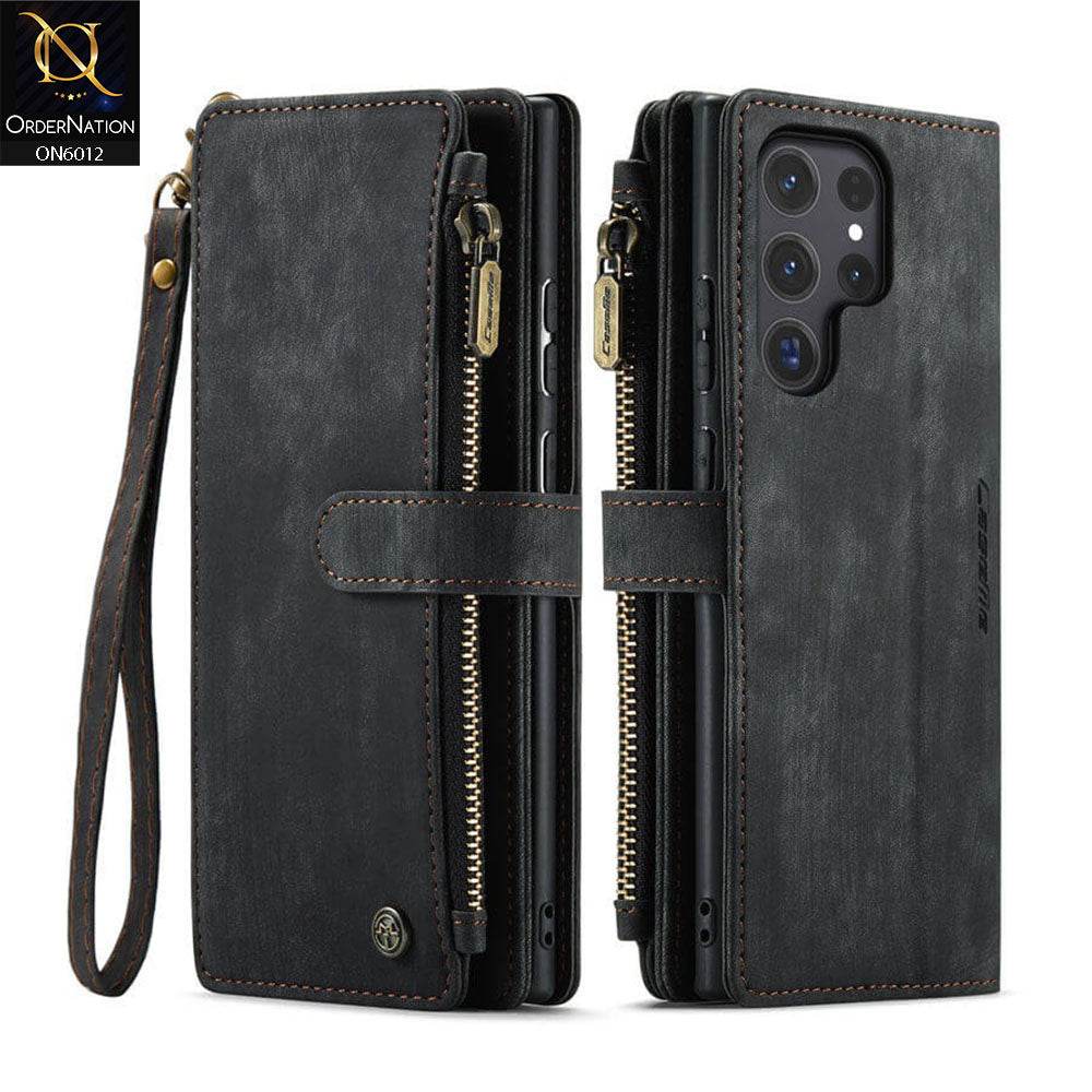Samsung Galaxy S24 Ultra Cover - Black - CaseMe Premium Leather Zipper Wallet kickstand Case with Wrist Strap