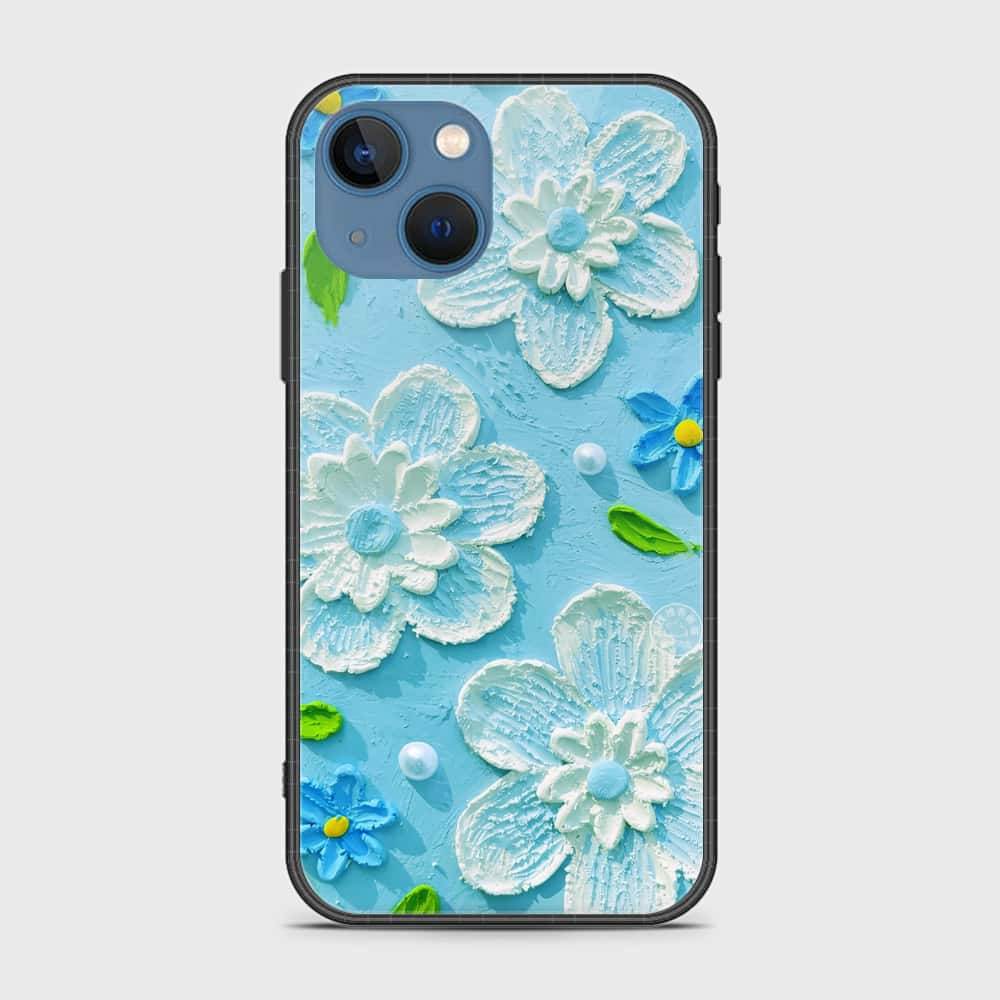 iPhone 13 Cover - Floral Series - Design 3 - Sky Blue - HQ Ultra Shine Premium Infinity Glass Soft Silicon Borders Case