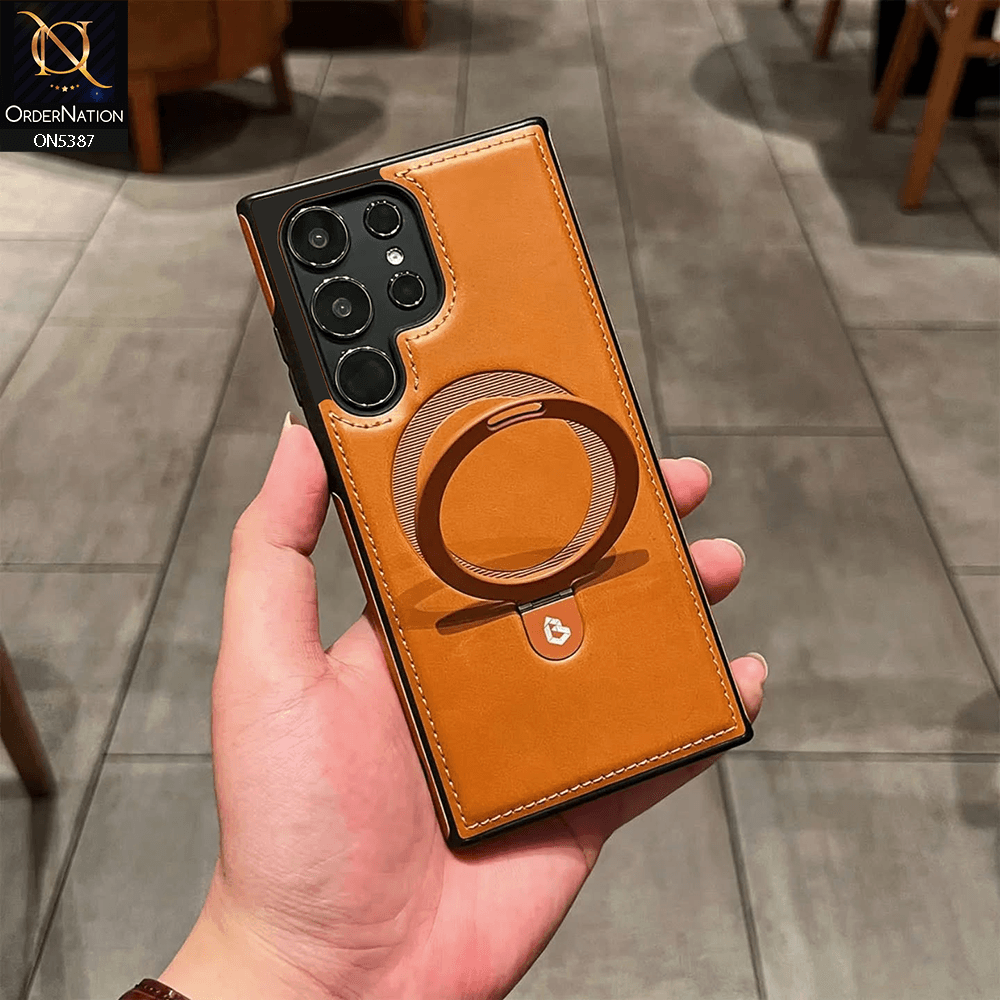 Samsung Galaxy S25 Ultra Cover - Brown - Luxury Leather Case Supports Magsafe Wireless Charging, Kickstand Bracket Holder Soft Border Case