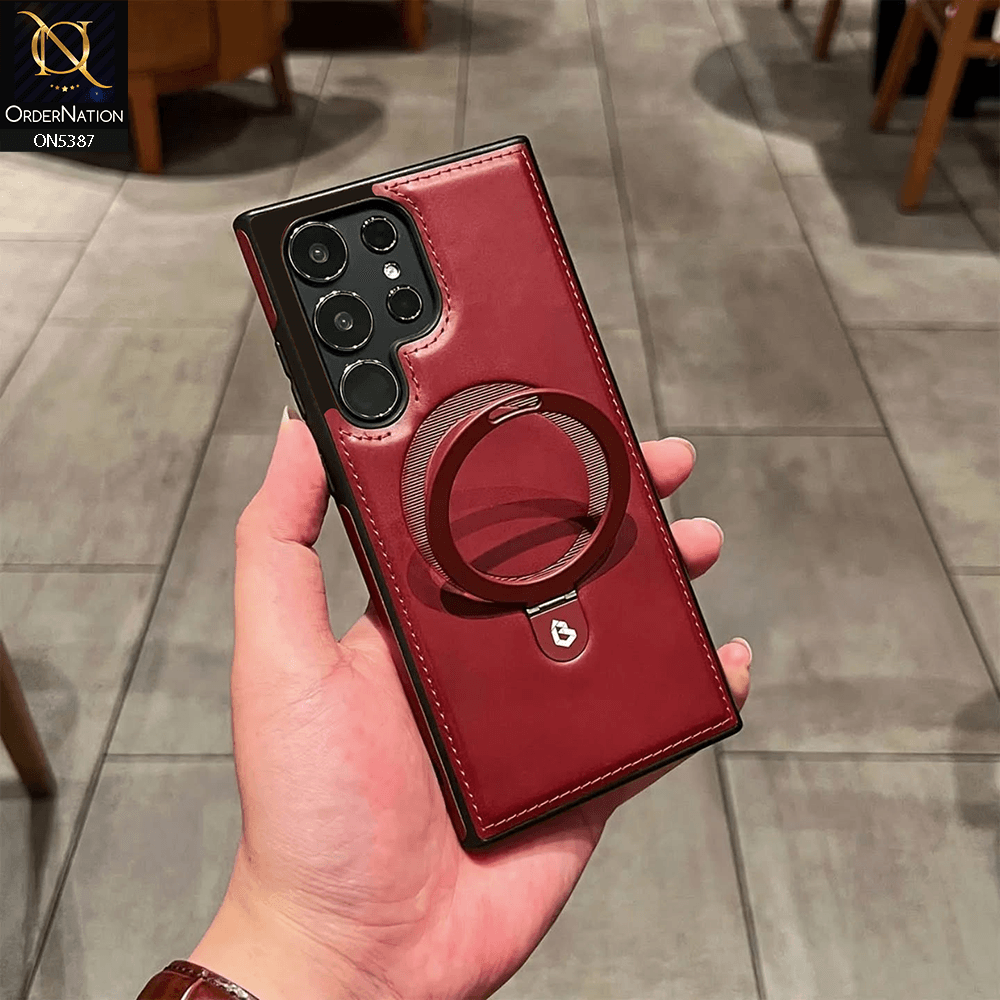 Samsung Galaxy S25 Ultra Cover - Maroon - Luxury Leather Case Supports Magsafe Wireless Charging, Kickstand Bracket Holder Soft Border Case