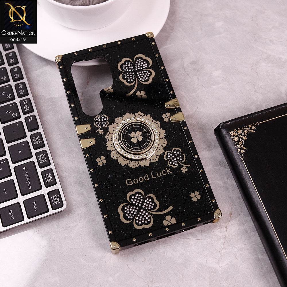 Samsung Galaxy S24 Ultra Cover - Black - Square Bling Diamond Glitter Soft TPU Trunk Case with Ring Holder