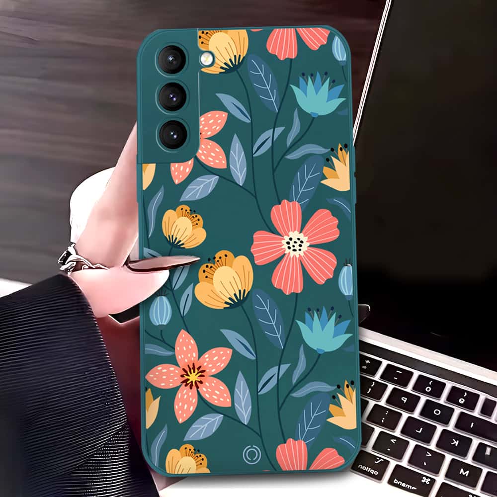 Samsung Galaxy S21 FE 5G Cover - Dark Green - D2 - ONation Floral Series - HQ Liquid Silicone Soft Case (Fast Delivery)