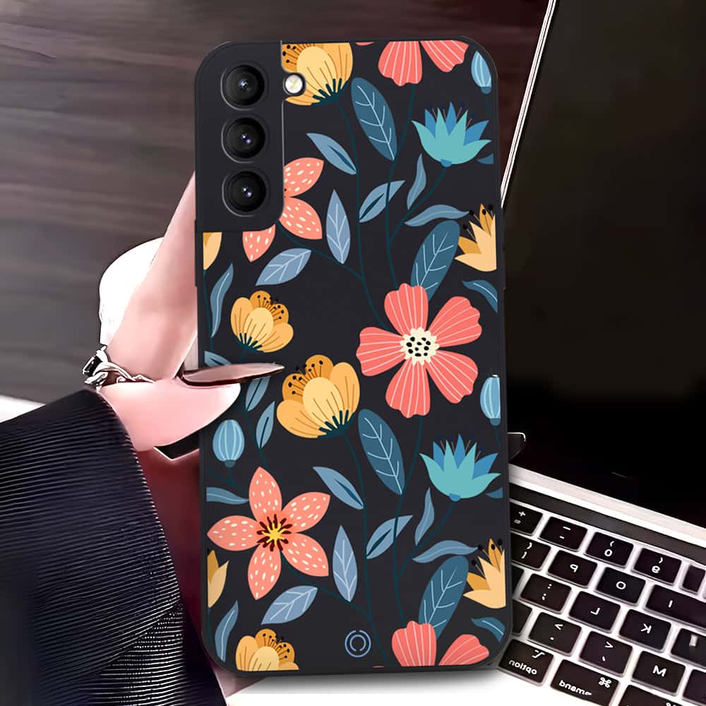Samsung Galaxy S21 FE 5G Cover - Black - D2 - ONation Floral Series - HQ Liquid Silicone Soft Case