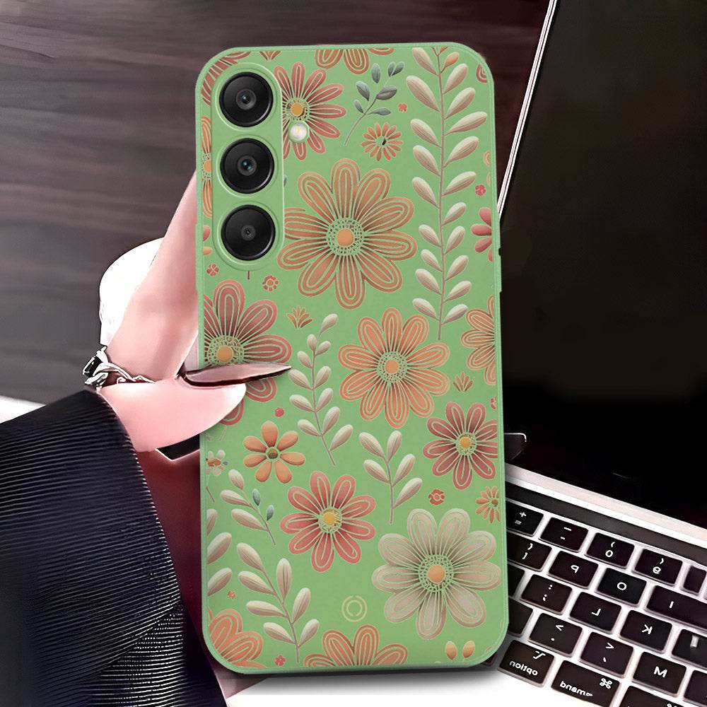 Samsung Galaxy S24 Ultra Cover - Light Green - D4 - ONation Floral Series - HQ Liquid Silicone Soft Case