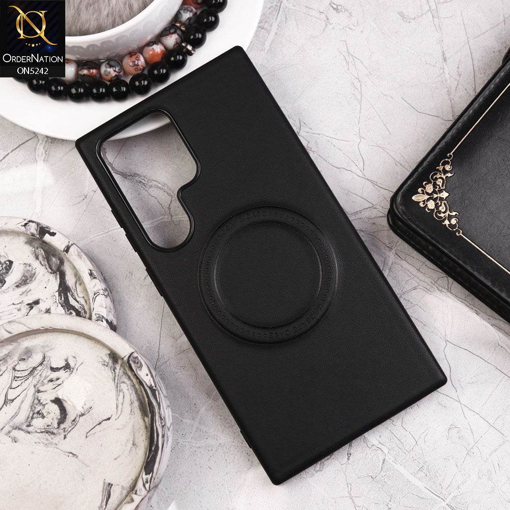 Samsung Galaxy S24 Ultra Cover - Black - Luxury Pu Leather Texture Magsafe Soft Border Protective Case With Logo Hole