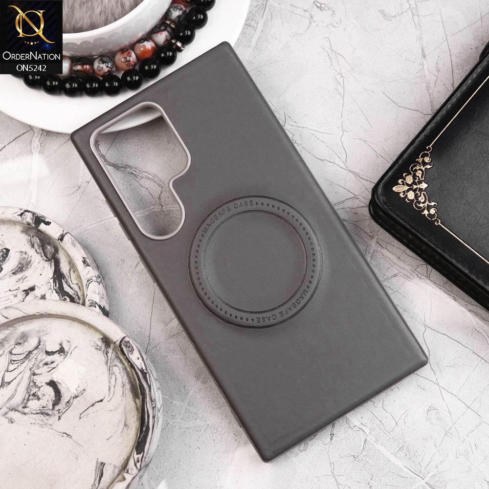Samsung Galaxy S24 Ultra Cover - Gray - Luxury Pu Leather Texture Magsafe Soft Border Protective Case With Logo Hole
