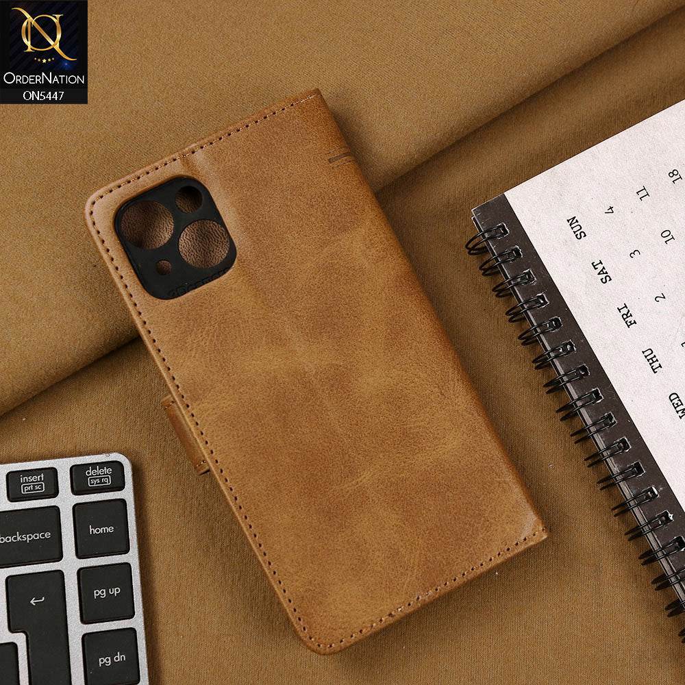 iPhone 13 Cover - Light Brown - Premium Leather Megantic Flip Book Covers With Card Holding Option