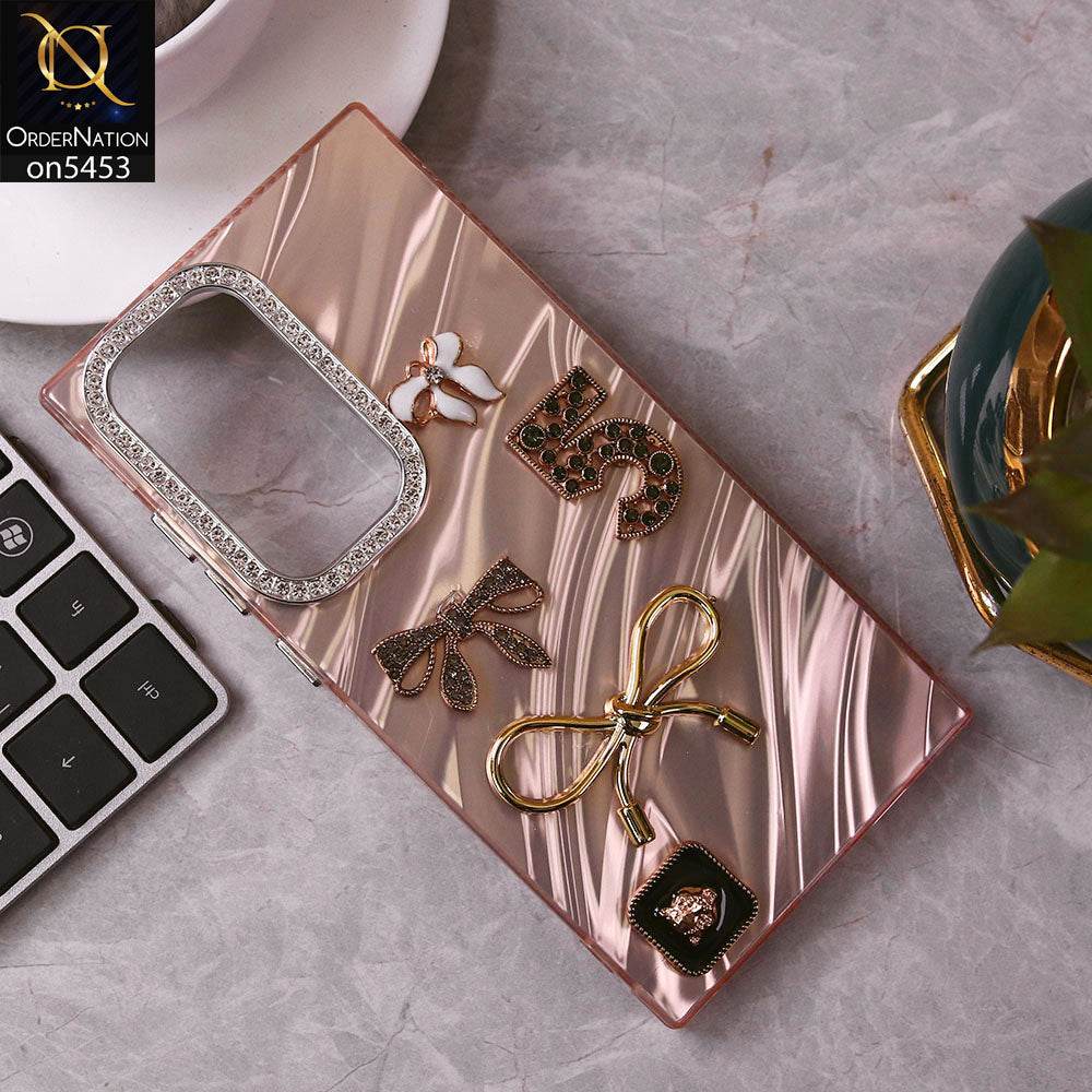 Samsung Galaxy S25 Ultra Cover - Rose Gold - Elegant Bow Knot Rhinestones Camera Ring Dream Waves Color-Plated Protective Soft Borders Case