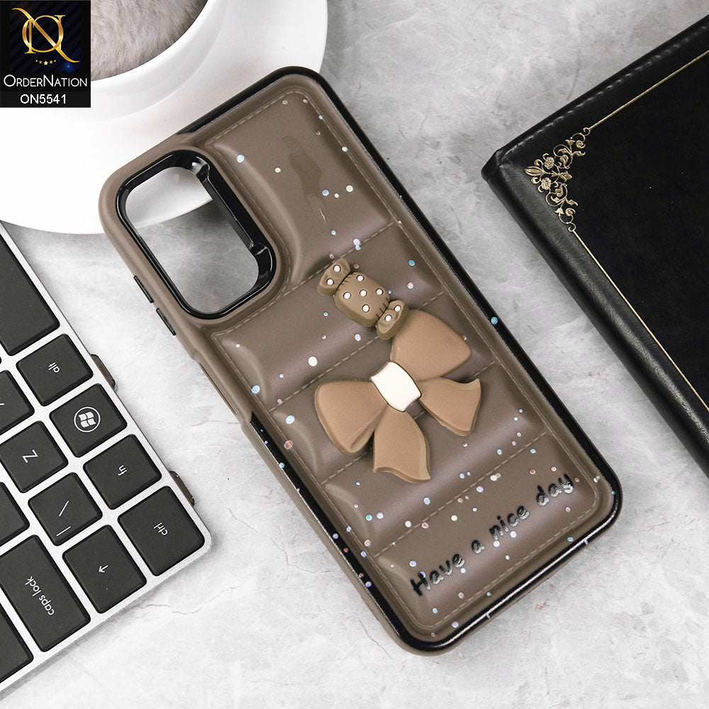 Samsung Galaxy A16 Cover - Brown - New 3D Bow Soft Puffer Case With Metal Camera Ring