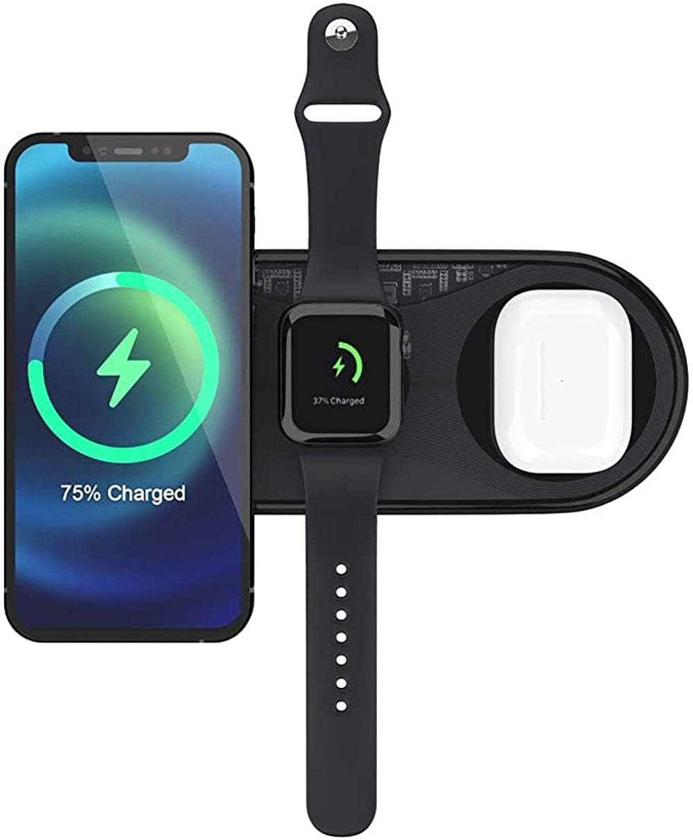 Black - Recci RCW-18 - RECCI Wireless Charger 3 in 1 Qi-Certified Fast Wireless Charging Pad iWatch (No QC 3.0 Adapter)