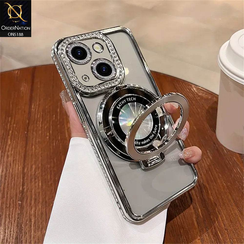 iPhone 13 Cover - Silver - Luxury Diamond Rhinestones Color Electroplating Borders Magsafe Magnetic Stand Holder Soft Clear Case With Camera Protection - Futurestore.pk