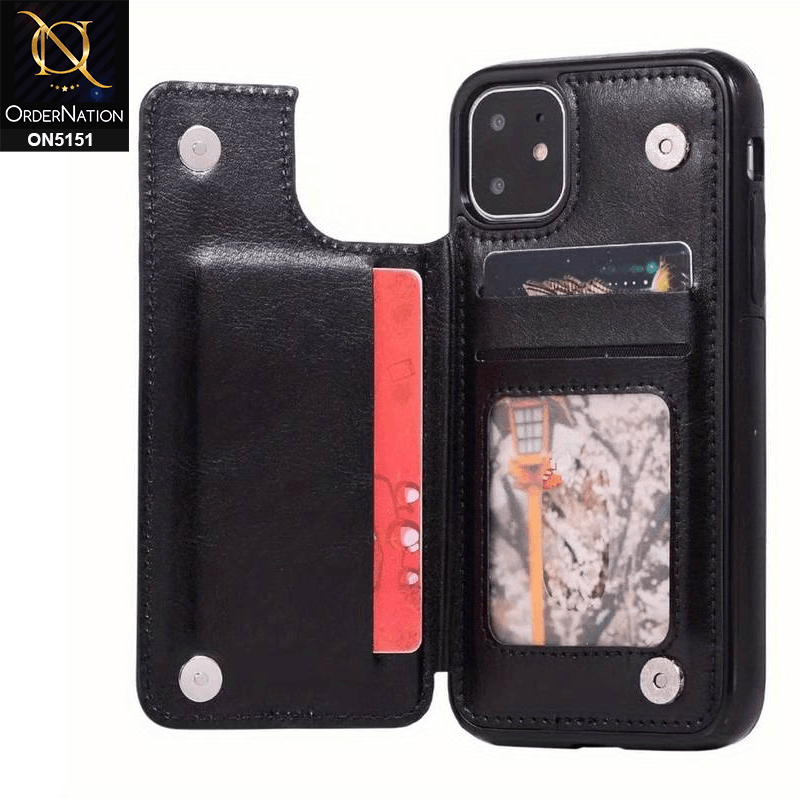 iPhone 11 Cover - Black - Luxury PU Leather Card Holder Wallet Soft Case - Futurestore.pk