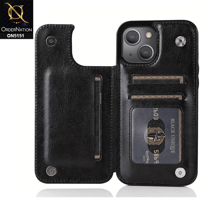 iPhone 13 Cover - Black - Luxury PU Leather Card Holder Wallet Soft Case