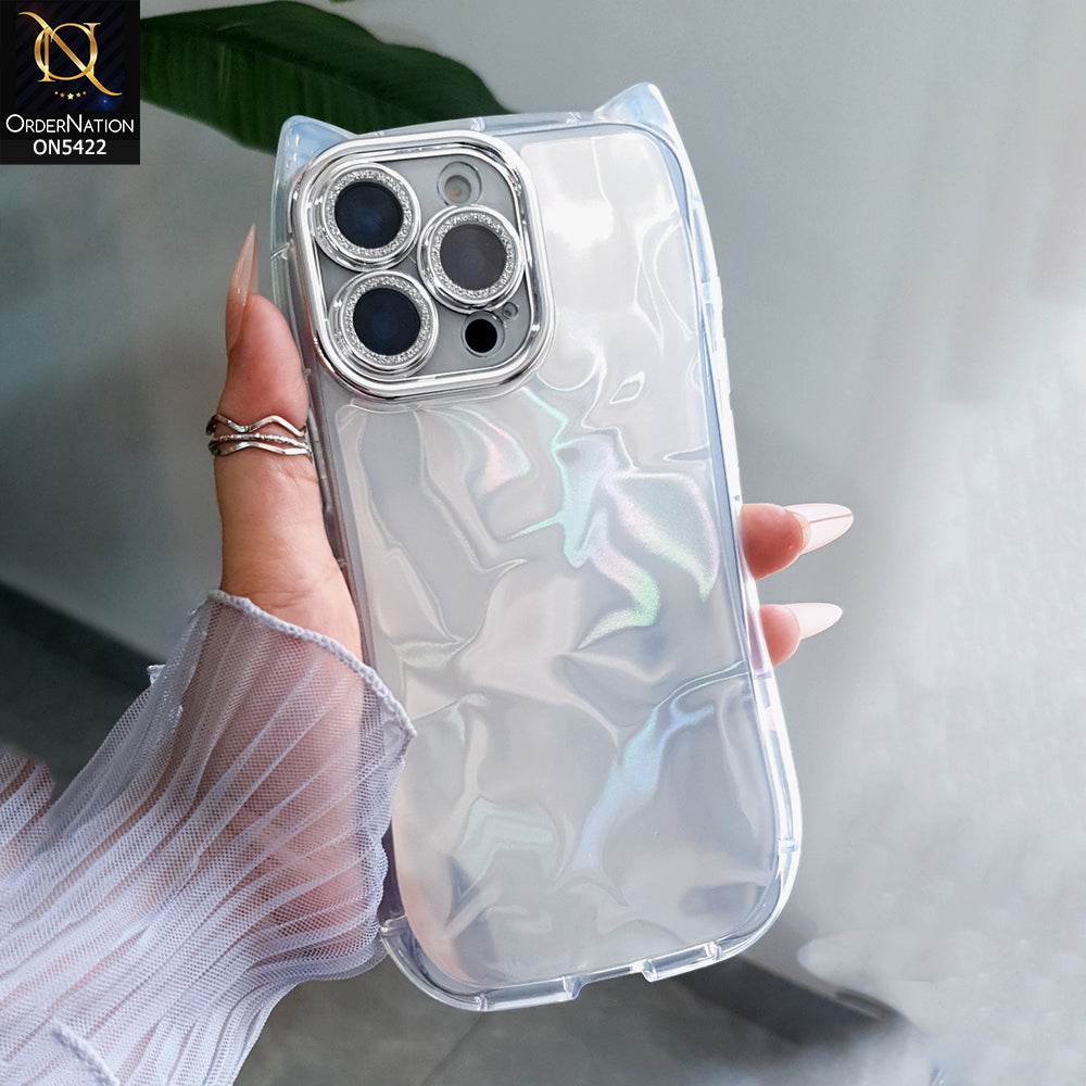 iPhone 16 Pro Max Cover - Silver - Cute 3D Kawaii Glitter Sparkle Laser Water Ripple Pattern Curly Wavy With Camera Lens Protection Case