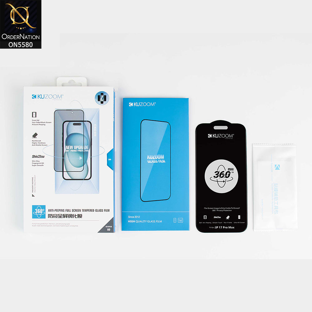 iPhone 17 Pro Max Screen Protector - Black - Kuzoom Privacy Anti Peeping Full Screen Tempered Privacy Glass