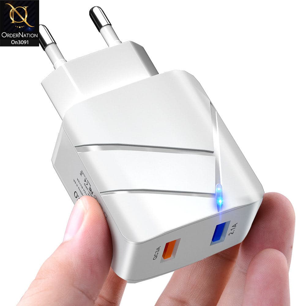 TE-Q820 - Power 3.0 Quick Wall Charger Fast Charging Head QC 3.0+2.1A Usb With Indicator Light For Latest iPhone, Samsung, Vivo, Infnix, Oppo, Xiaomi, etc Smartphones