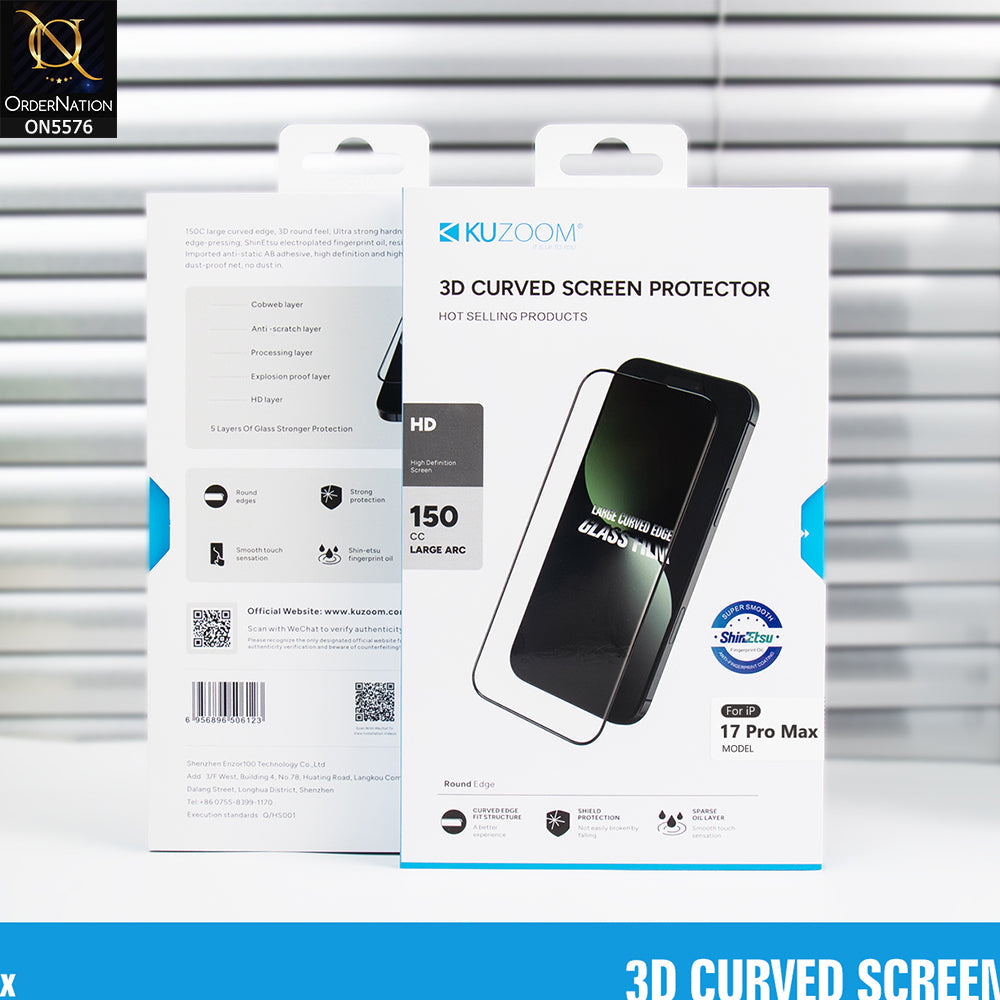 iPhone 17 Pro Max Screen Protector - Transparent - Kuzoom 3D Curved Full Screen Protector Glass