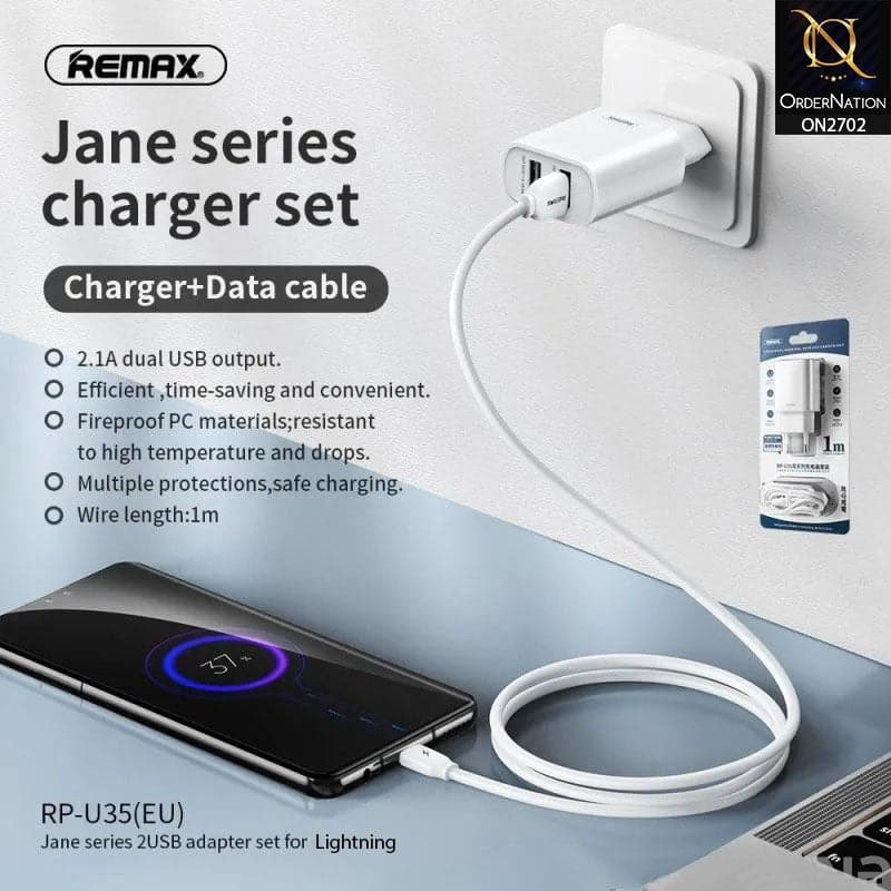 White - Remax Rp-U35 Jane Series Set Home Charger 2 Usb + Lightning Cable For iPhone