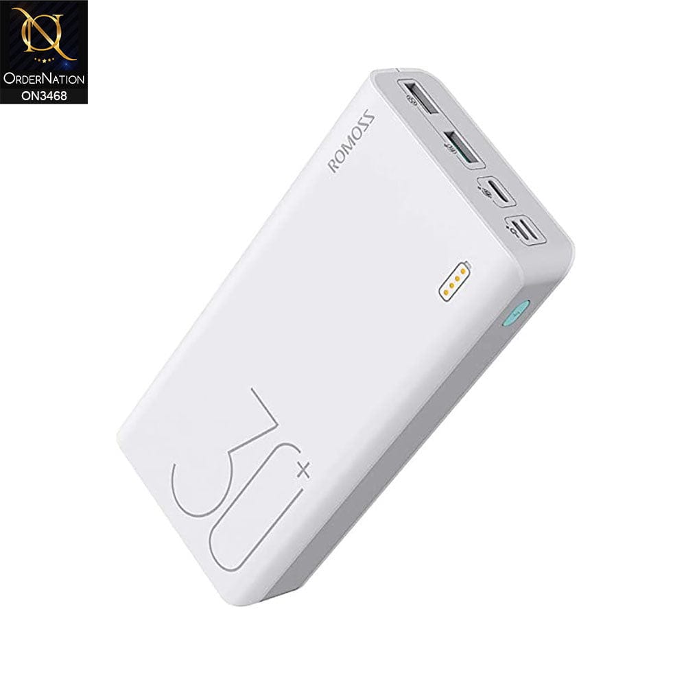 White -Romoss sense 8 30000mAh 18W Fast Charge Type-C PD 3 Outputs & 3 Inputs Power Bank
