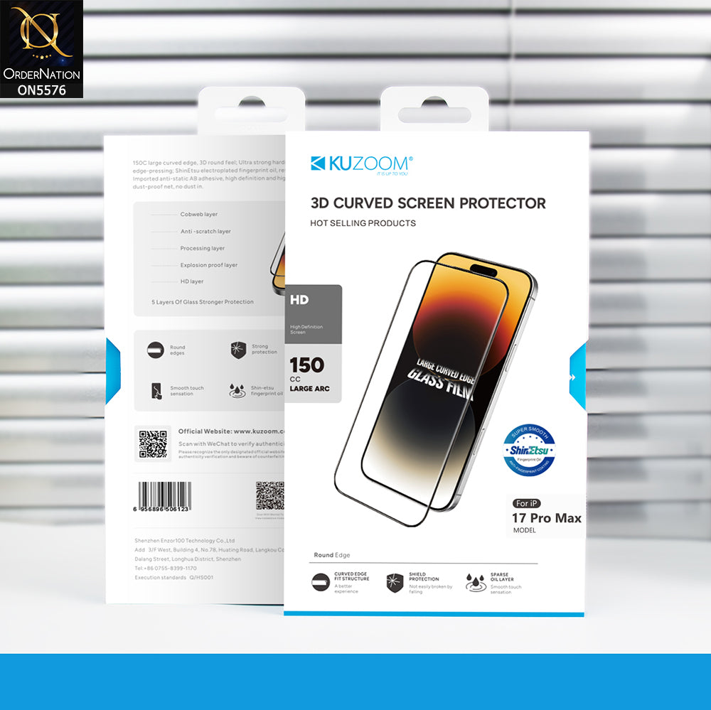 iPhone 17 Pro Max Screen Protector - Transparent - Kuzoom 3D Curved Full Screen Protector Glass