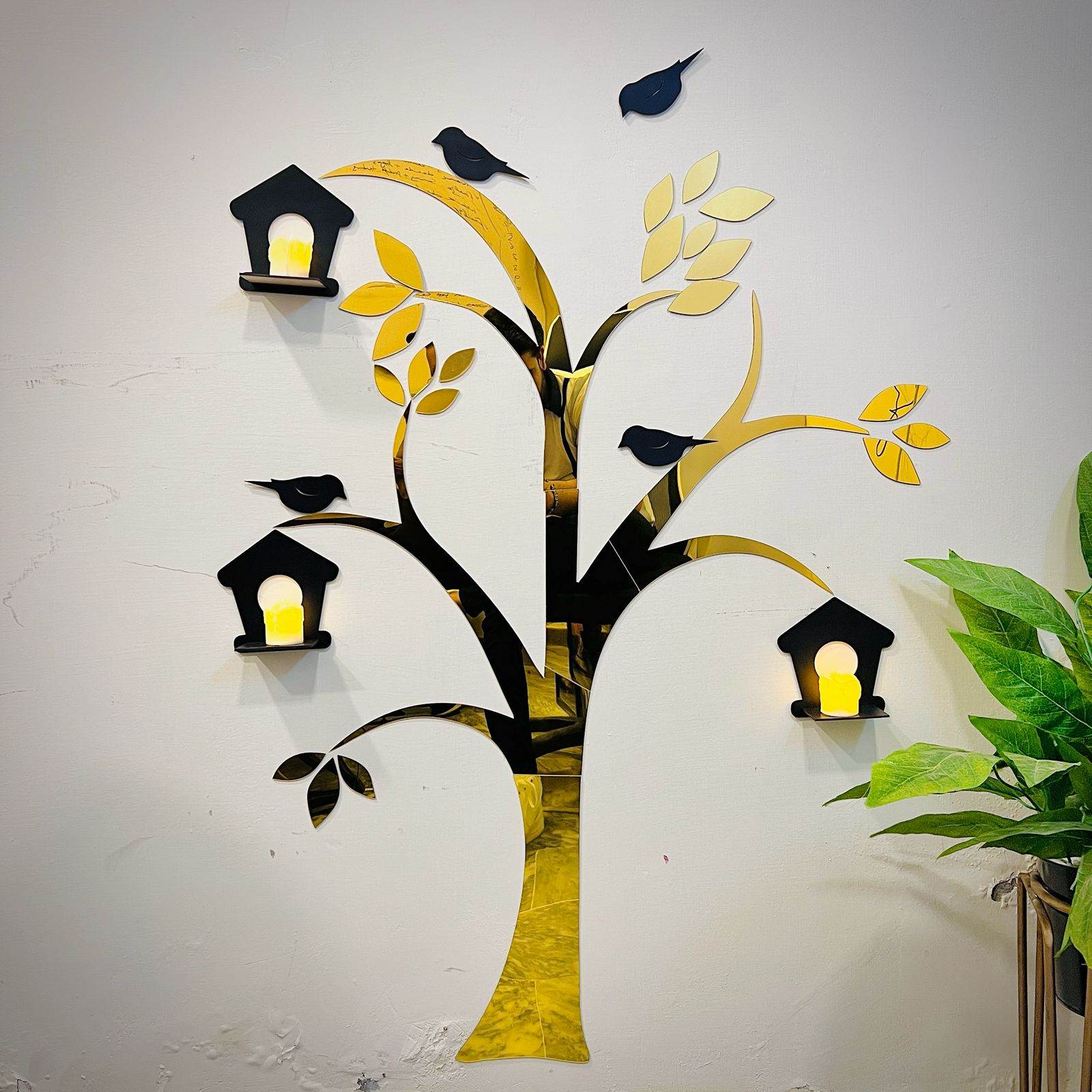 Acrylic Birds on Tree Wall Decor with Wooden Shelves  Large Size - Futurestore.pk
