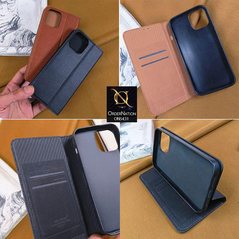 iPhone 13 Cover - Brown - Premium Leather Rich Boss Megantic Flip Book Covers With Card Holding Option - Futurestore.pk