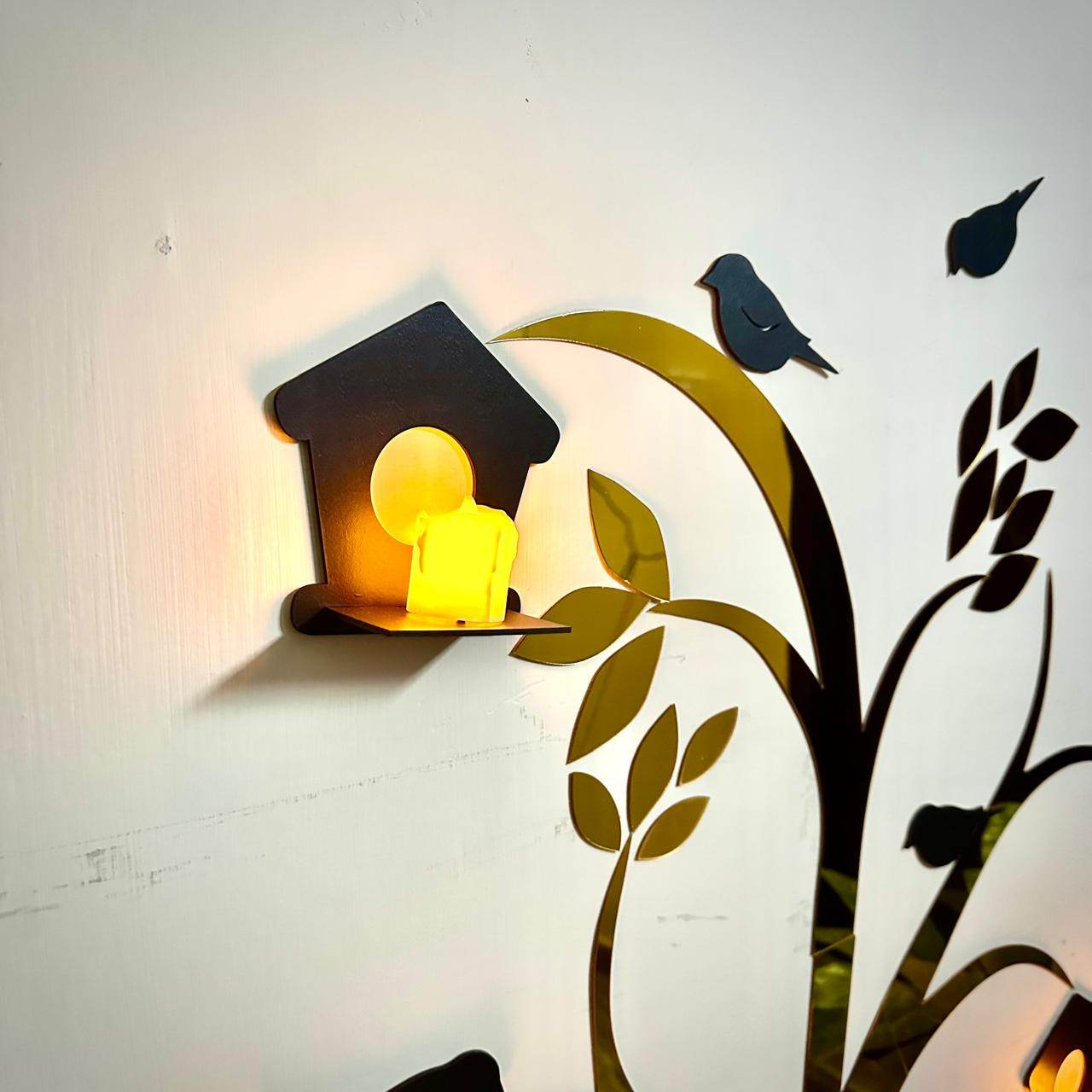 Acrylic Birds on Tree Wall Decor with Wooden Shelves  Large Size - Futurestore.pk