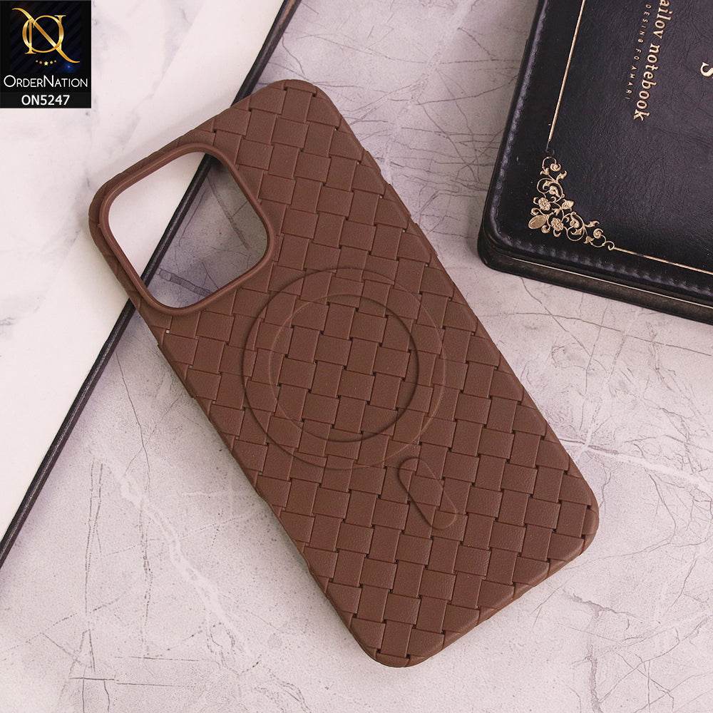 iPhone 16 Pro Max Cover - Brown - New Woven Design Leather Feel Soft TPU Case With Magsafe Compatible - Futurestore.pk