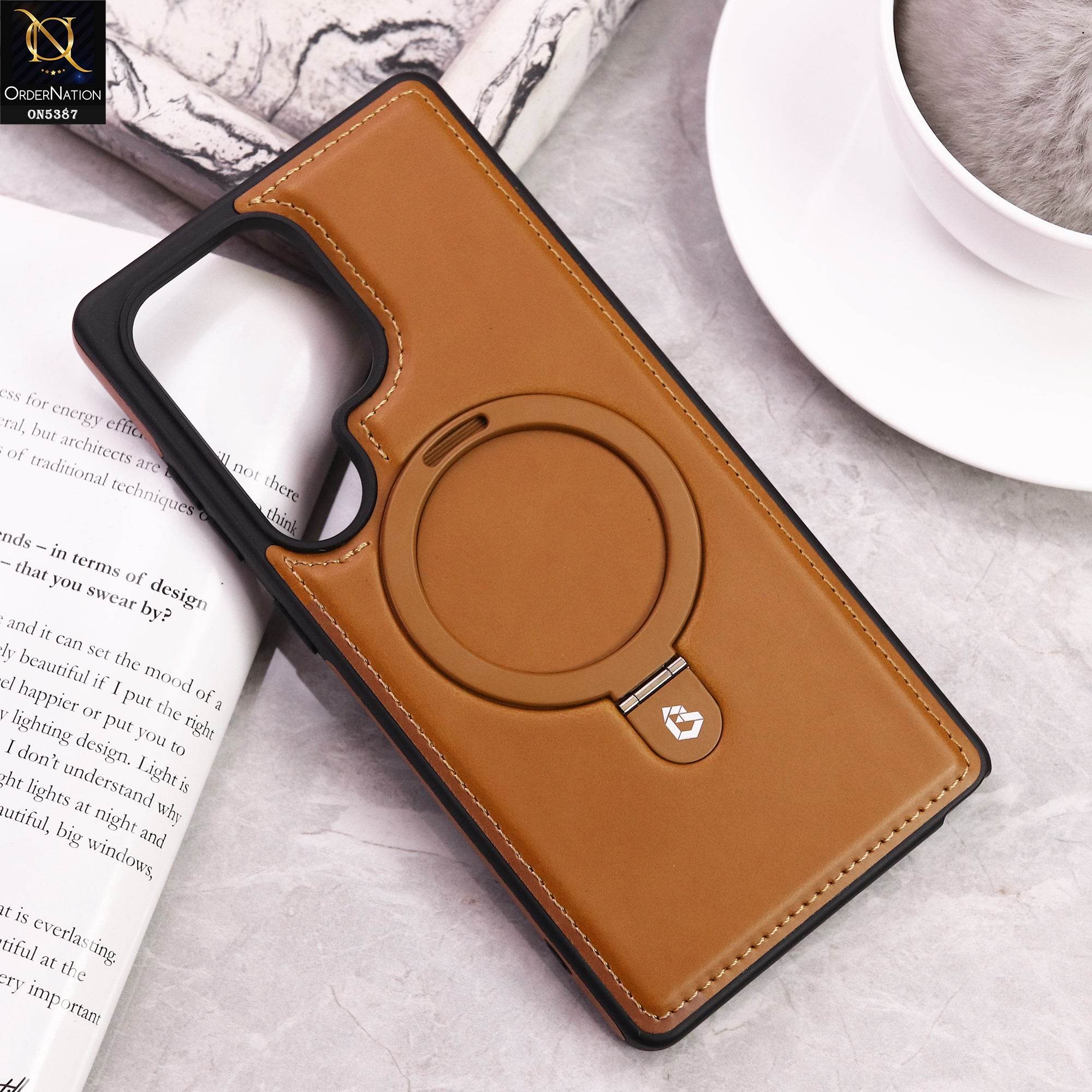 Samsung Galaxy S25 Ultra Cover - Brown - Luxury Leather Case Supports Magsafe Wireless Charging, Kickstand Bracket Holder Soft Border Case - Futurestore.pk