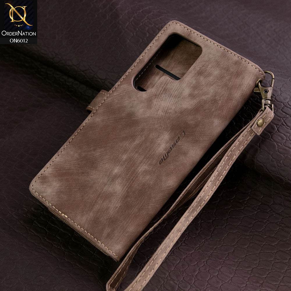 Samsung Galaxy S24 Ultra Cover - Coffee - CaseMe Premium Leather Zipper Wallet kickstand Case with Wrist Strap