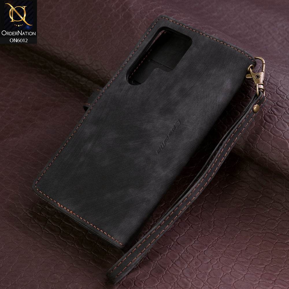 Samsung Galaxy S24 Ultra Cover - Black - CaseMe Premium Leather Zipper Wallet kickstand Case with Wrist Strap