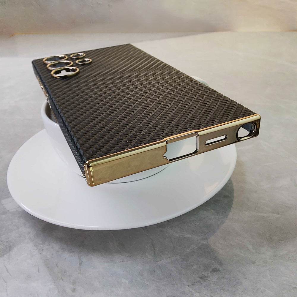 Samsung Galaxy S25 Ultra Cover - Black - Luxury 3D Woven Pattern Electroplated Shockproof Leather Case With Camera Protection - Futurestore.pk