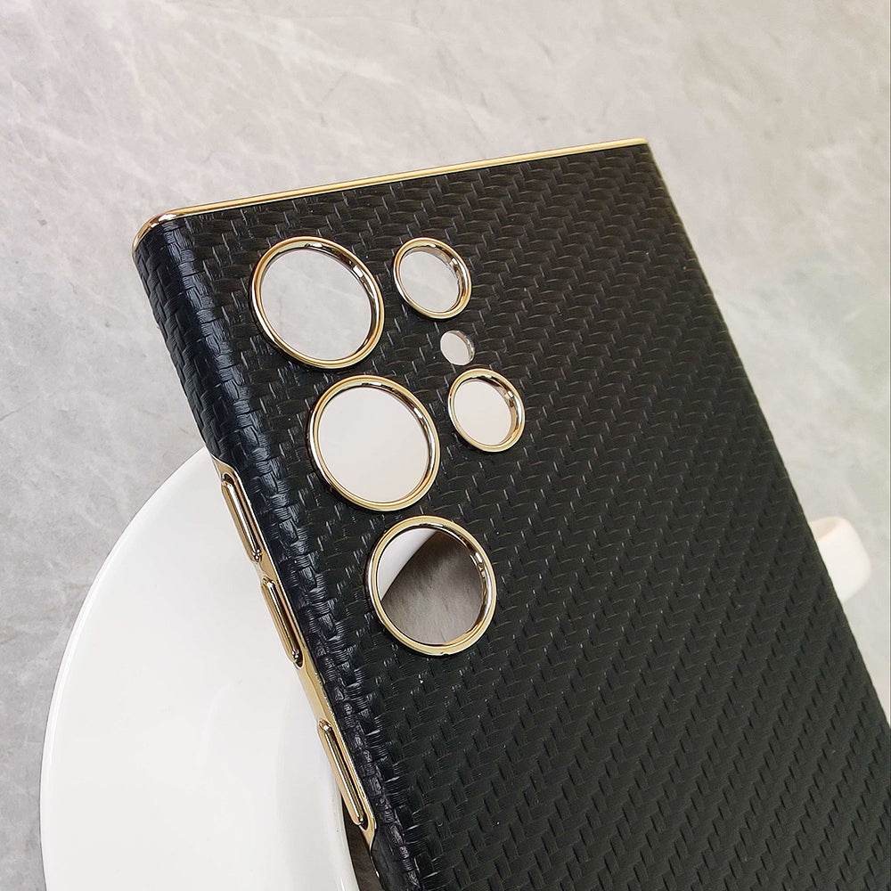 Samsung Galaxy S25 Ultra Cover - Black - Luxury 3D Woven Pattern Electroplated Shockproof Leather Case With Camera Protection - Futurestore.pk