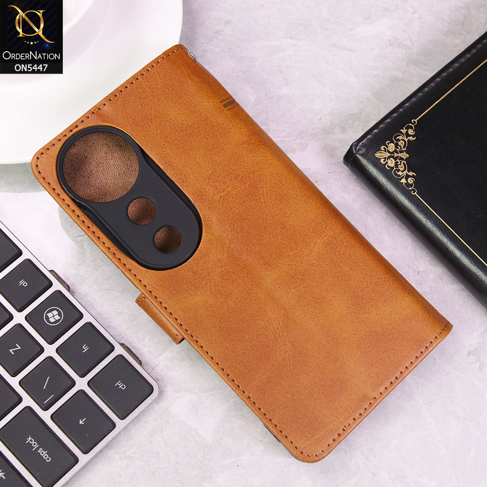 Vivo V40 Cover - Light Brown - Premium Leather Megantic Flip Book Covers With Card Holding Option
