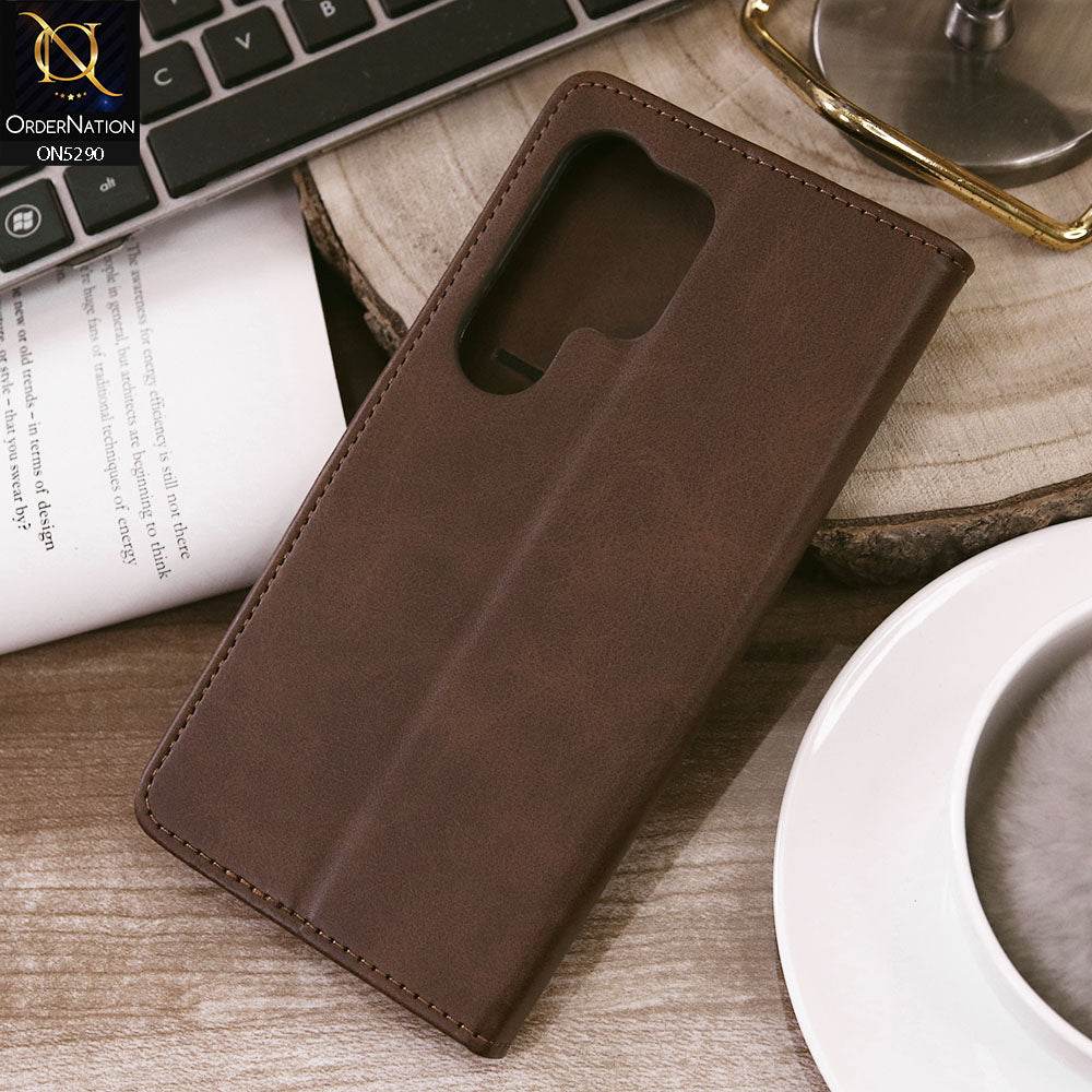 Samsung Galaxy S24 Ultra Cover - Dark Brown - Premium Business Series Magnetic Leather Wallet Flip book Card Slots Soft Case - Futurestore.pk