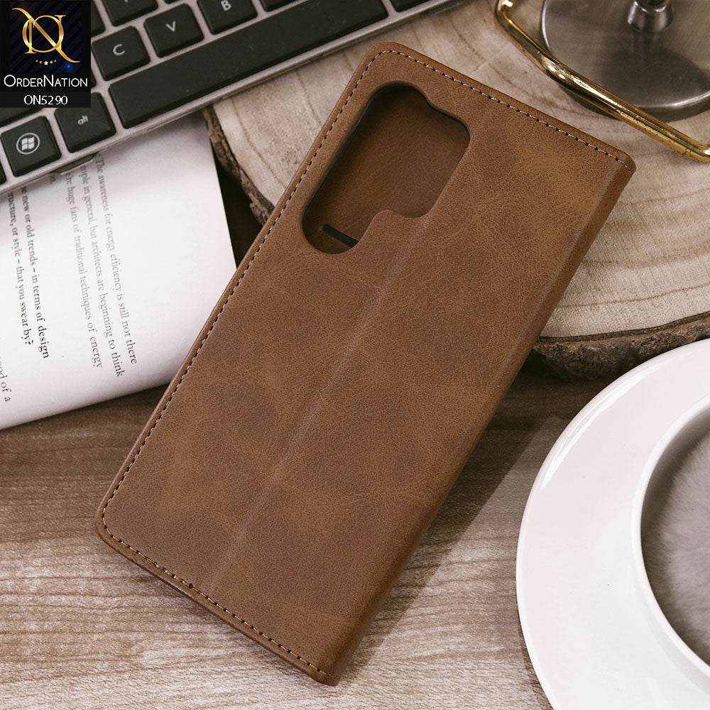 Samsung Galaxy S24 Ultra Cover - Light Brown - Premium Business Series Magnetic Leather Wallet Flip book Card Slots Soft Case - Futurestore.pk
