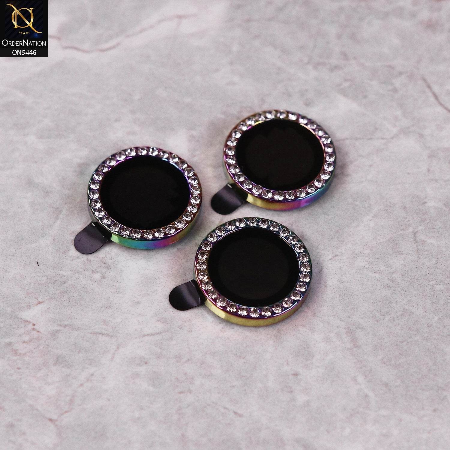 iPhone 16 Pro Max Camera Protector - Rainbow - Rhinestones Diamond Inlaid Camera Lens Rings Protector - Futurestore.pk