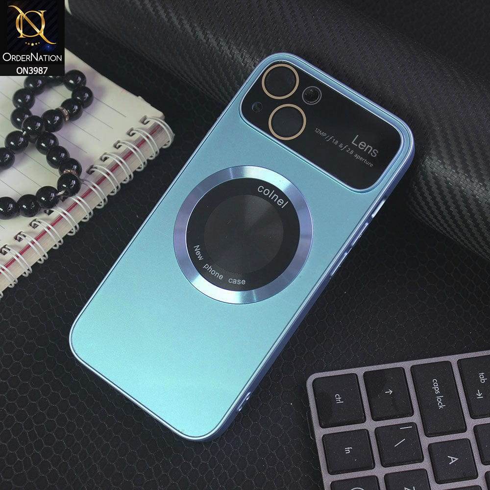 iPhone 13 Cover - Blue - Extreme Quality Pretective Series Logo Hole Mettalic Body Camera Lense Protection Case