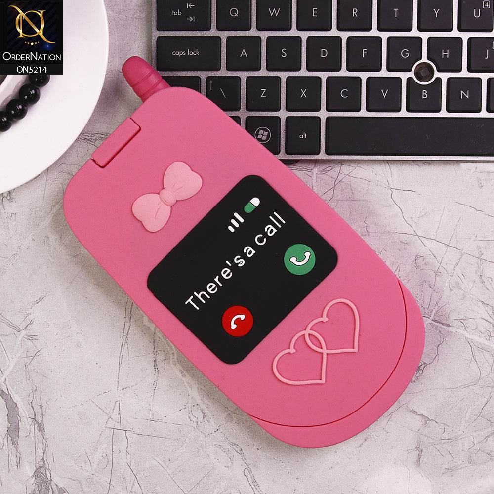 iPhone 13 Cover - Pink - Cute 3D Kawaii Retro Flip Phone Style Soft Silicone Case With View Mirror - Futurestore.pk