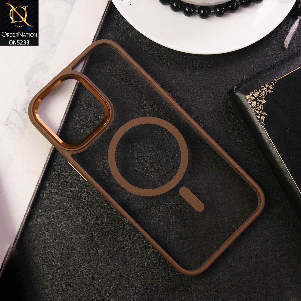 iPhone 16 Pro Max Cover - Brown - New Metal Camera Ring Design Clear Transparent Magsafe Back 360 Degree Soft Borders Protective Case - Futurestore.pk