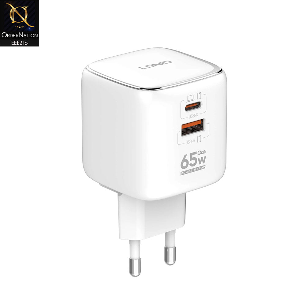 LDNIO Q2617 65W Gan Super Fast Charger – Type – C + Type – A Cable EU Plug - White