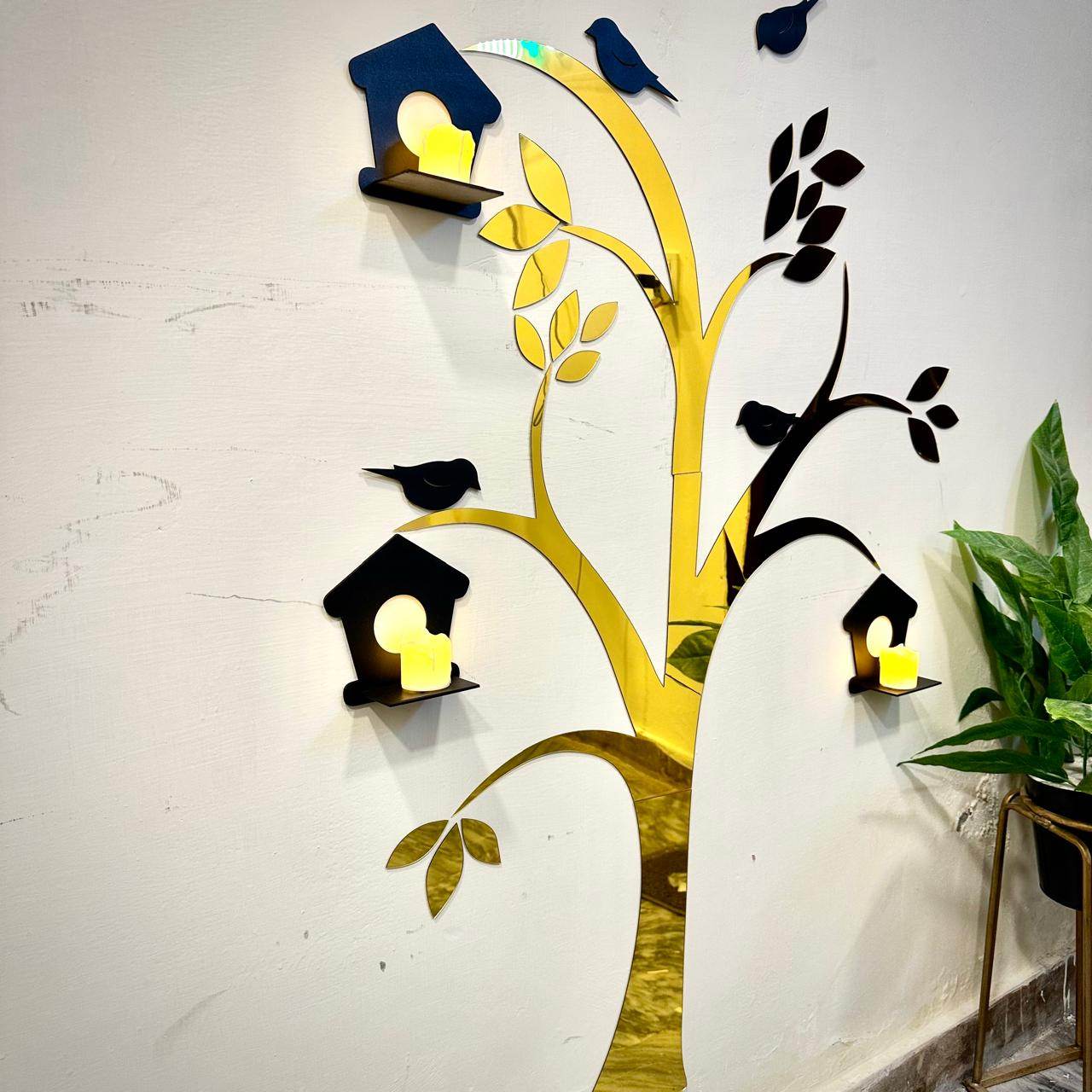 Acrylic Birds on Tree Wall Decor with Wooden Shelves  Large Size - Futurestore.pk