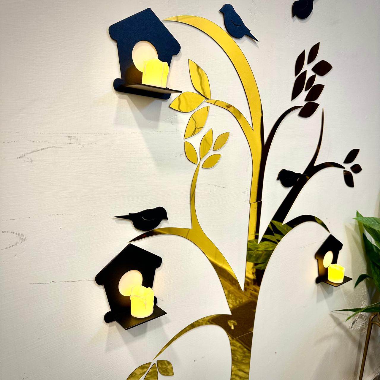 Acrylic Birds on Tree Wall Decor with Wooden Shelves  Large Size - Futurestore.pk