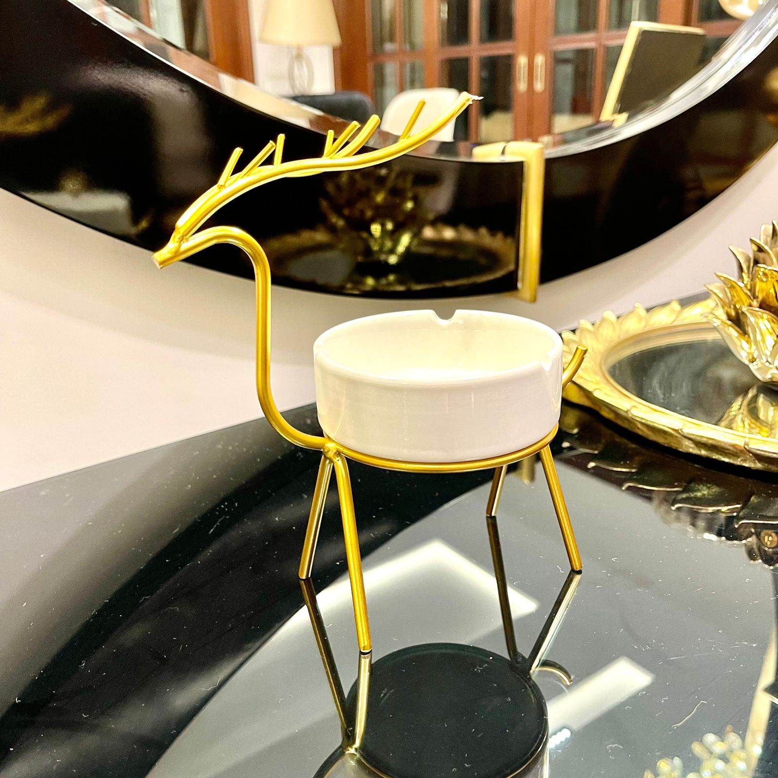 METALLIC GOLDEN GAZELLE STYLE ASH TRAY DECOR FOR TABLE AND HOME - Futurestore.pk