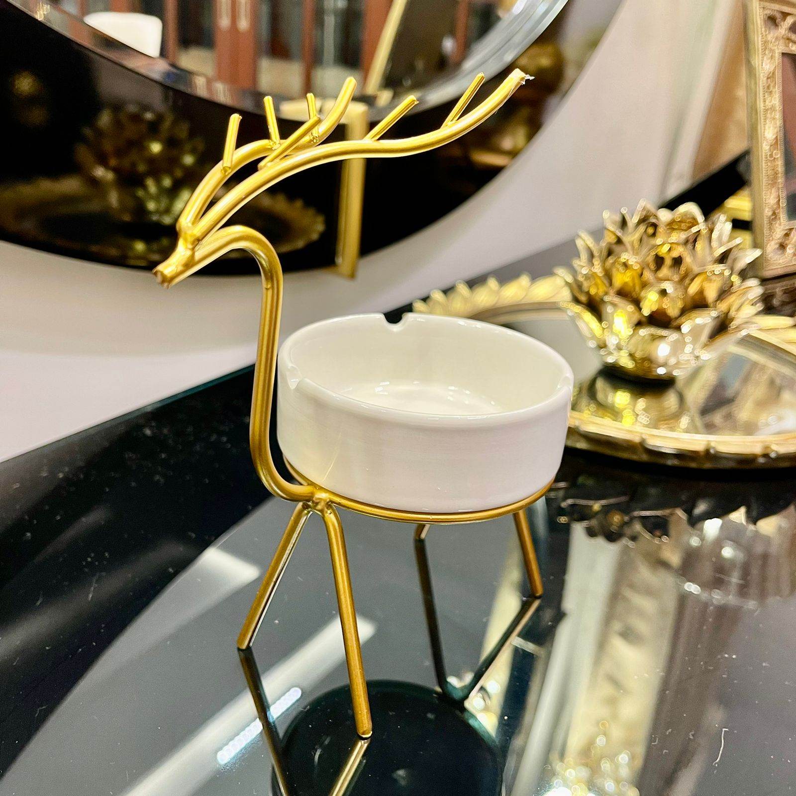 METALLIC GOLDEN GAZELLE STYLE ASH TRAY DECOR FOR TABLE AND HOME - Futurestore.pk